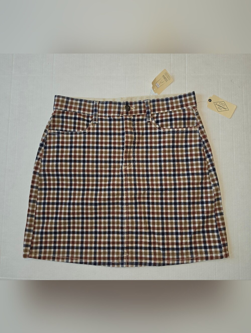 St. John's Bay Plaid Corduroy Mini Skirt in Brown, Navy, Cream Sz 14